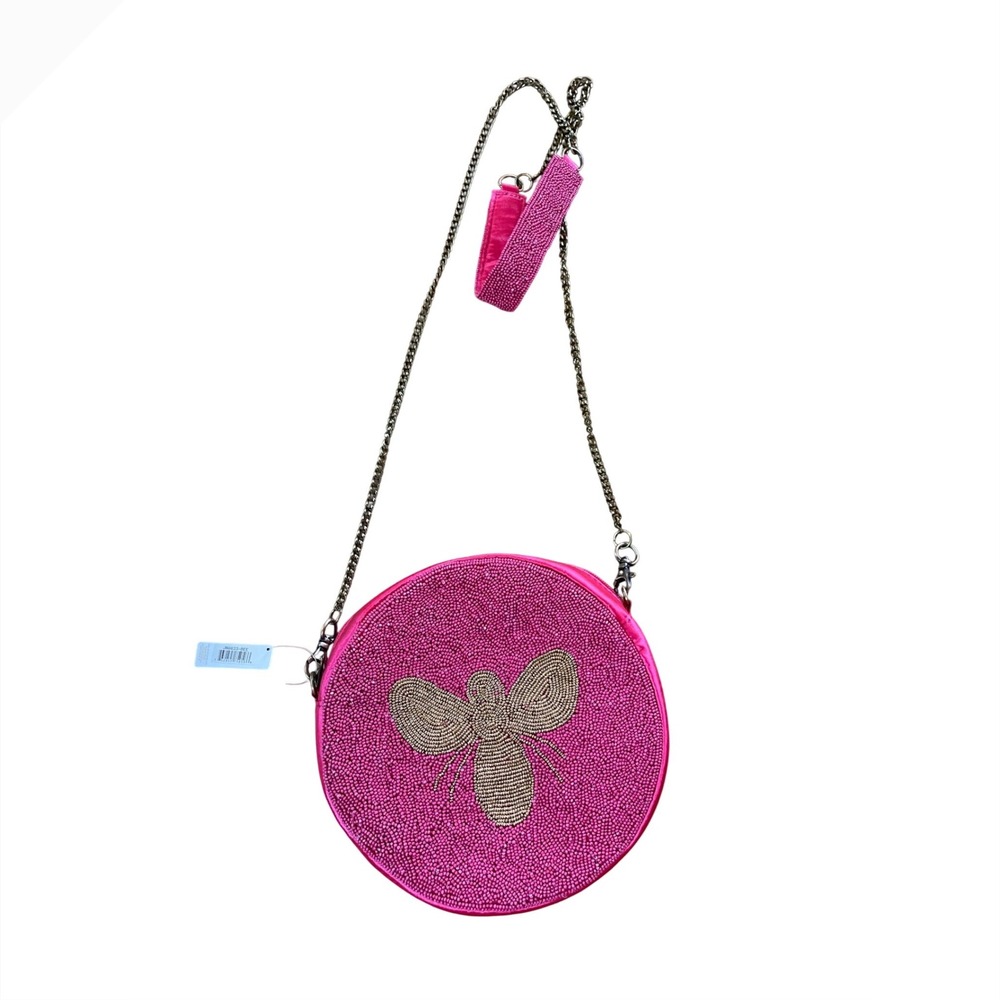 Jane‎ Marie Pink Beaded Bee Round Crossbody Bag Satin Chain Strap JM8633-BEE NEW